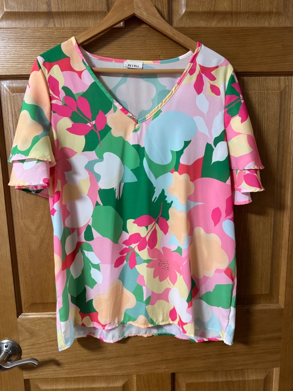 BiBi V-Neck Floral Ruffle Sleeve Top — Pink Green Multi